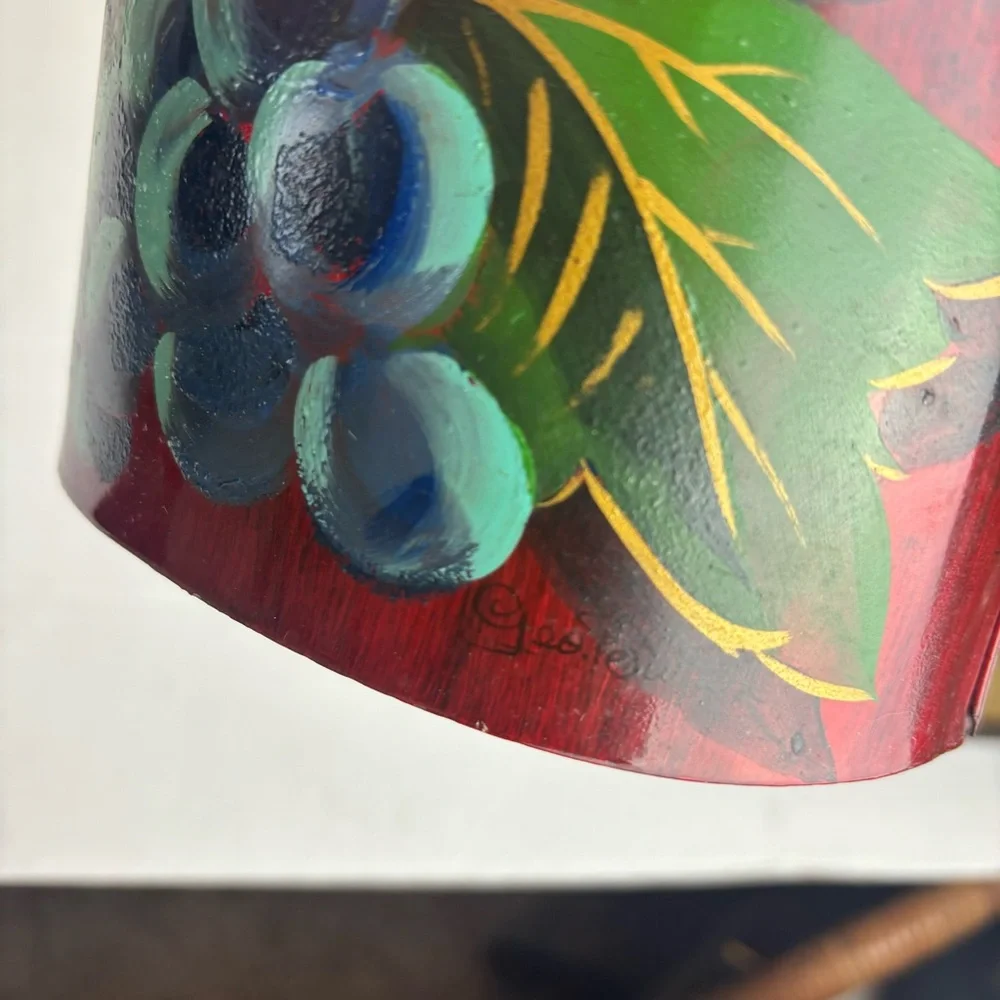 Vintage toile hand-painted tin oval box-signed-grape design